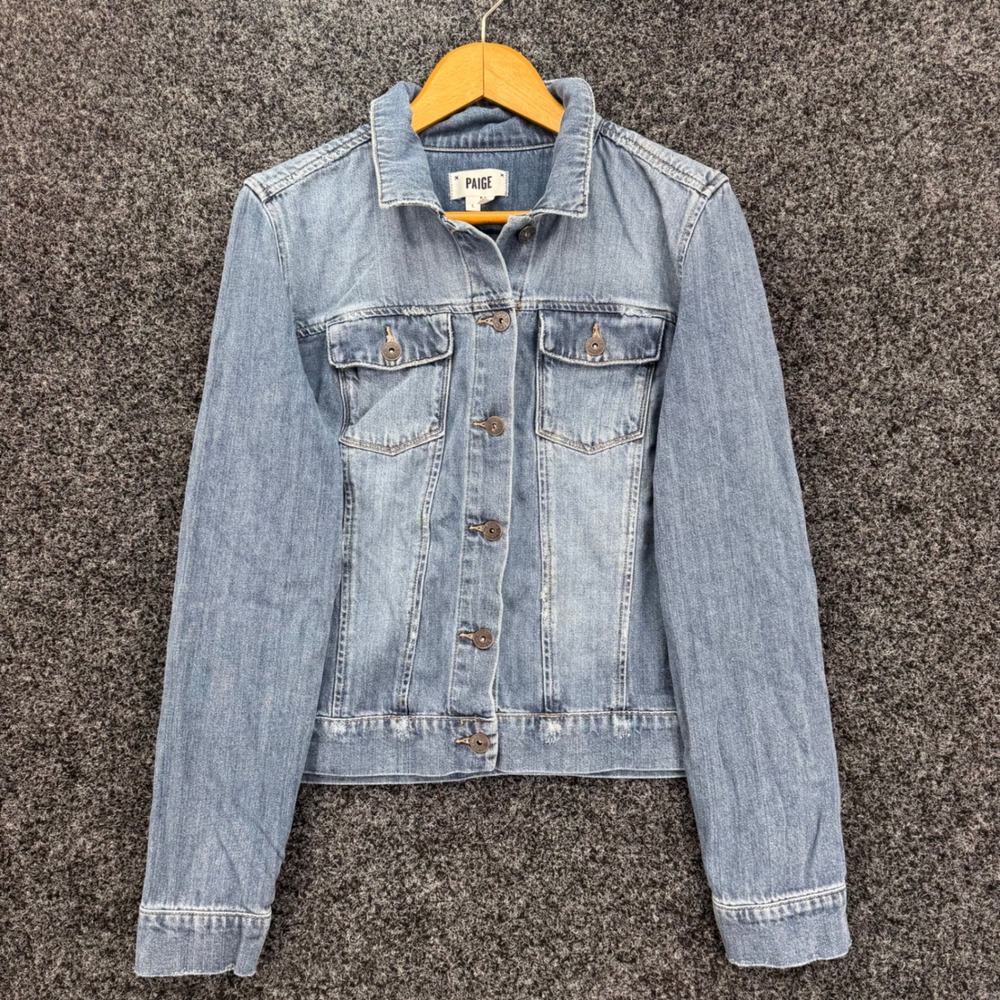 PAIGE Womens Blue Denim Jacket Medium Wash Distressed Cotton Rayon Blend Size L